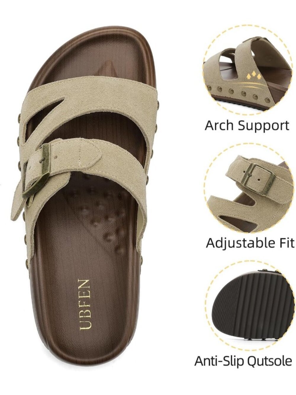 Women's Slides Platform C Beige Genuine Leather Arch Support Buckle Sandals - Picture 3 of 6